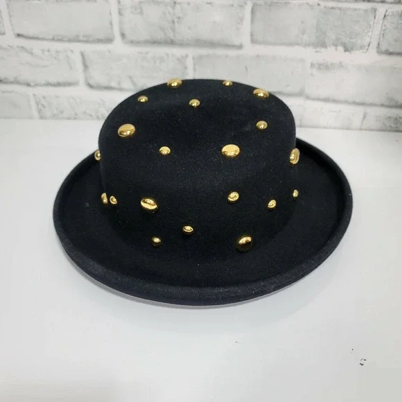 Vintage Black LiteFelt Wool Hat Gold Studded Steampunk Western‎ Bowler Style USA - Picture 7 of 9